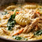 Ultra close-up macro food photography of rich and velvety creamy chicken gnocchi soup with tender chicken and pillowy gnocchi