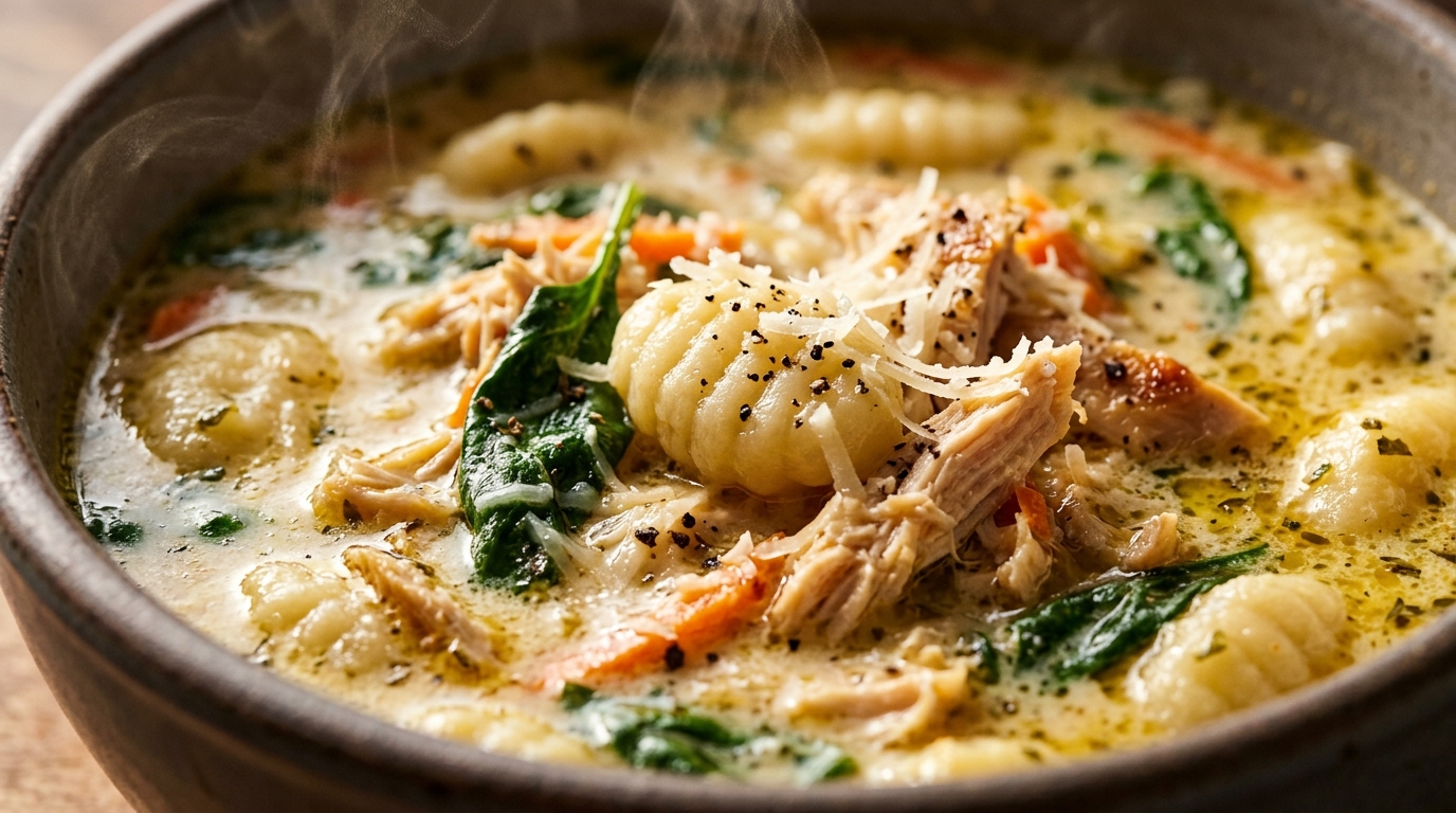 Ultra close-up macro food photography of rich and velvety creamy chicken gnocchi soup with tender chicken and pillowy gnocchi
