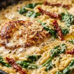 Ultra close-up macro food photography of golden seared chicken cutlets simmering in creamy garlic parmesan orzo with spinach and sun-dried tomatoes