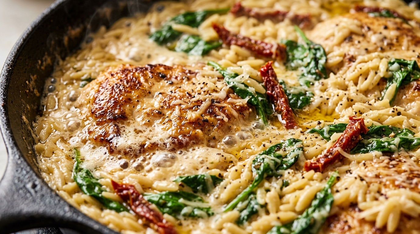 Ultra close-up macro food photography of golden seared chicken cutlets simmering in creamy garlic parmesan orzo with spinach and sun-dried tomatoes