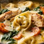 Ultra close-up macro food photography of creamy chicken tortellini soup with shredded chicken, cheese tortellini, and wilted spinach