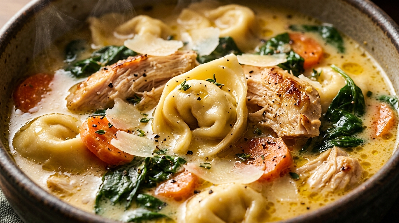 Ultra close-up macro food photography of creamy chicken tortellini soup with shredded chicken, cheese tortellini, and wilted spinach