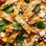 Ultra close-up macro texture of creamy chicken tortilla soup topped with crispy homemade tortilla strips, fresh cilantro, and cotija cheese
