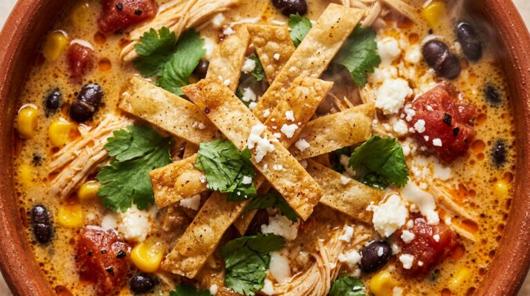 Ultra close-up macro texture of creamy chicken tortilla soup topped with crispy homemade tortilla strips, fresh cilantro, and cotija cheese