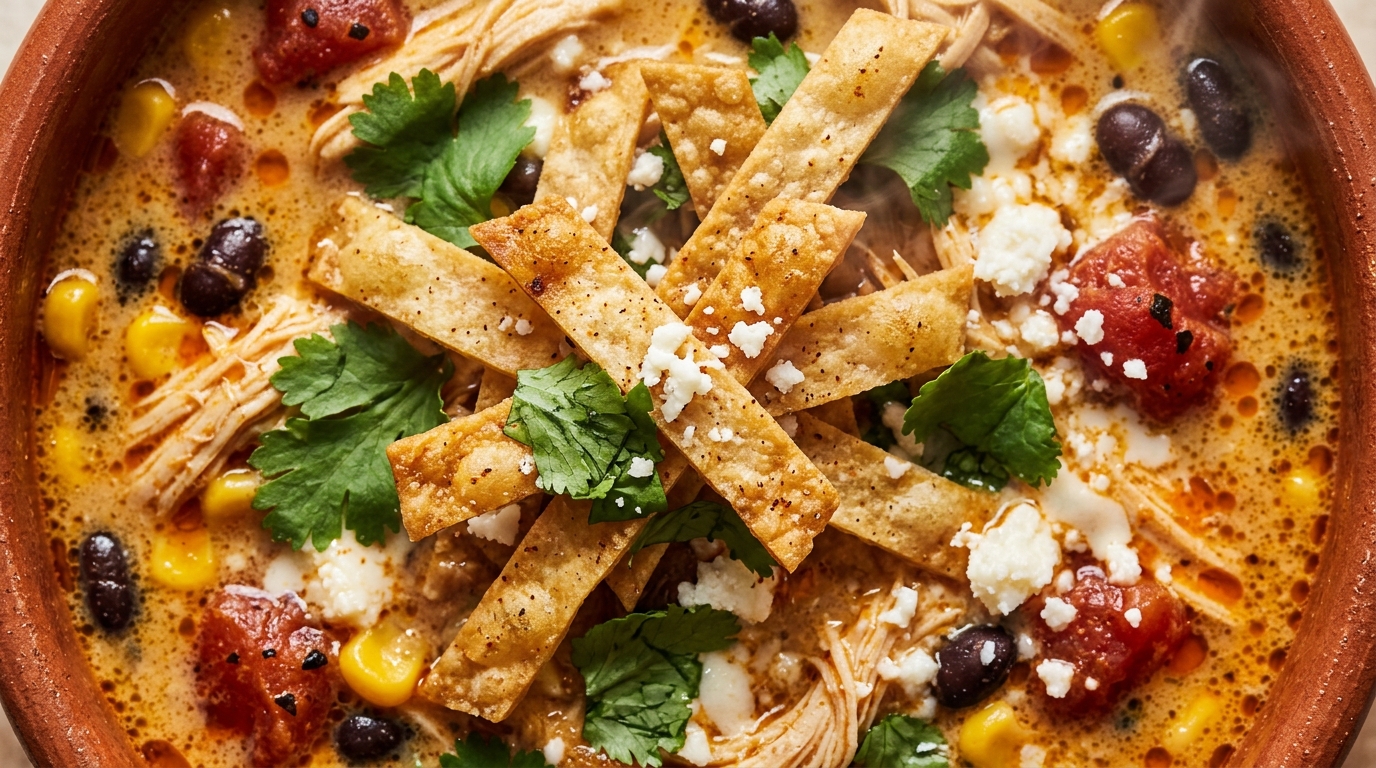 Ultra close-up macro texture of creamy chicken tortilla soup topped with crispy homemade tortilla strips, fresh cilantro, and cotija cheese