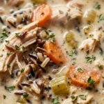 Ultra close-up macro of creamy chicken and wild rice soup in ceramic bowl with tender chicken, wild rice, carrots, and fresh thyme