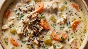Ultra close-up macro of creamy chicken and wild rice soup in ceramic bowl with tender chicken, wild rice, carrots, and fresh thyme