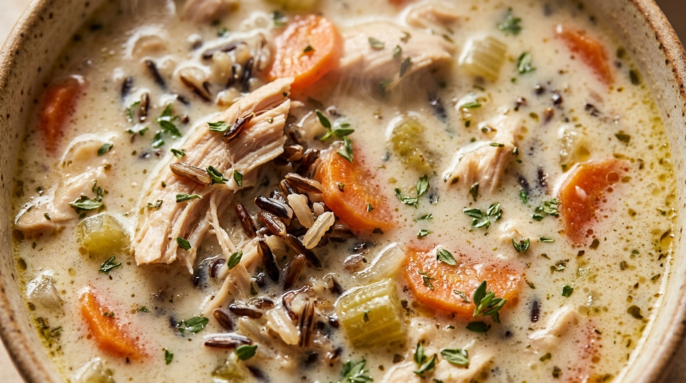Ultra close-up macro of creamy chicken and wild rice soup in ceramic bowl with tender chicken, wild rice, carrots, and fresh thyme
