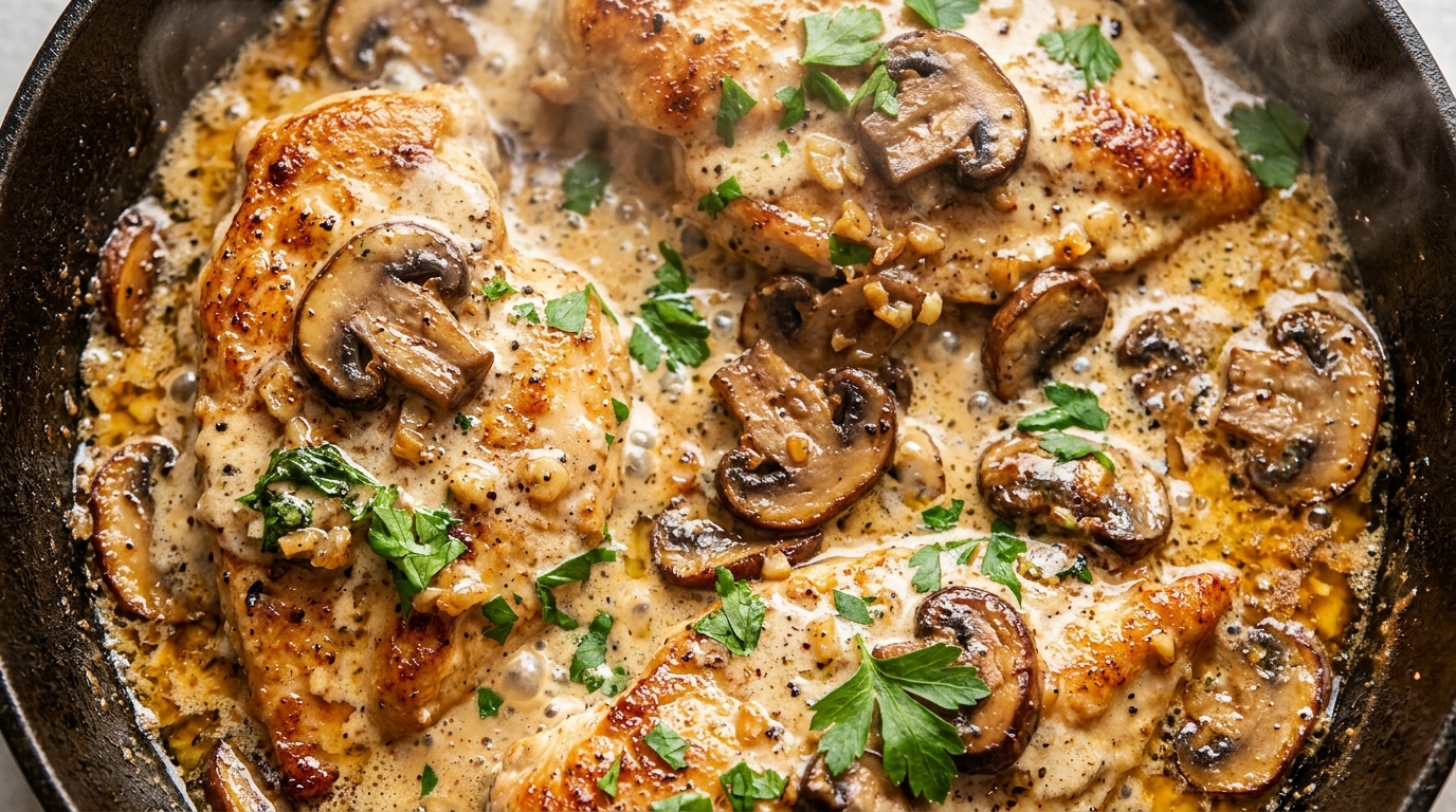 Ultra close-up macro texture of golden seared chicken cutlet smothered in bubbling garlic herb cream sauce with caramelized cremini mushrooms