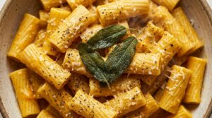 Ultra close-up macro texture of creamy garlic pumpkin pasta with ridged rigatoni, velvety orange sauce, grated parmesan, and crispy sage