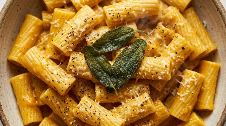 Ultra close-up macro texture of creamy garlic pumpkin pasta with ridged rigatoni, velvety orange sauce, grated parmesan, and crispy sage