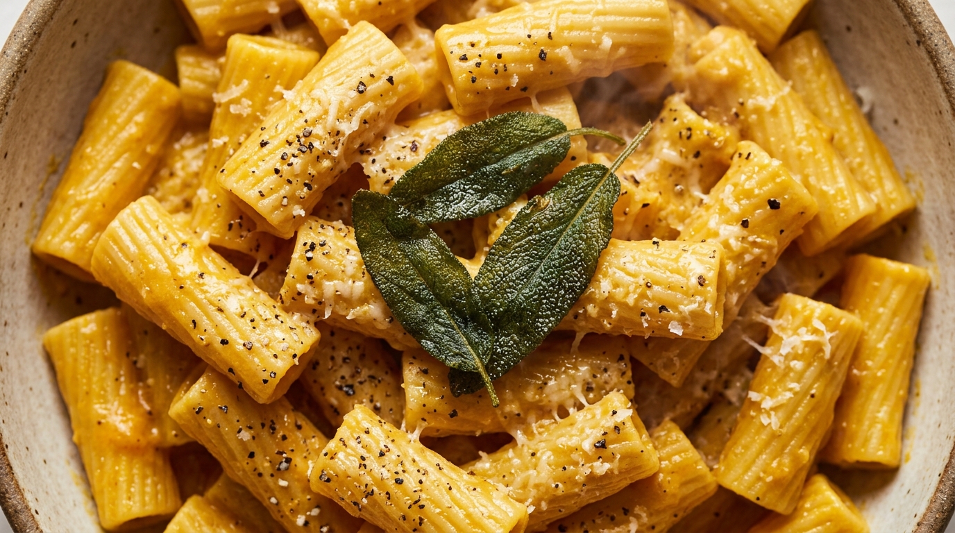 Ultra close-up macro texture of creamy garlic pumpkin pasta with ridged rigatoni, velvety orange sauce, grated parmesan, and crispy sage