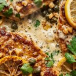 Ultra close-up macro texture of golden pan-seared chicken cutlet smothered in velvety lemon garlic butter cream sauce with lemon wheels and capers