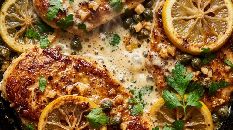 Ultra close-up macro texture of golden pan-seared chicken cutlet smothered in velvety lemon garlic butter cream sauce with lemon wheels and capers
