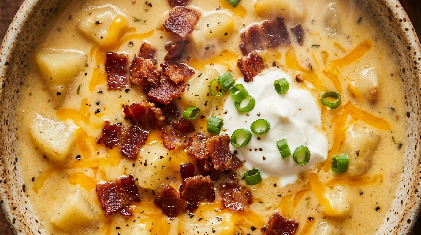 Ultra close-up macro texture of creamy loaded potato soup with melted cheddar cheese, crispy halal beef bacon, and fresh chives