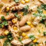 Ultra close-up macro texture of creamy white chicken chili with shredded chicken, white cannellini beans, and melted Monterey Jack cheese