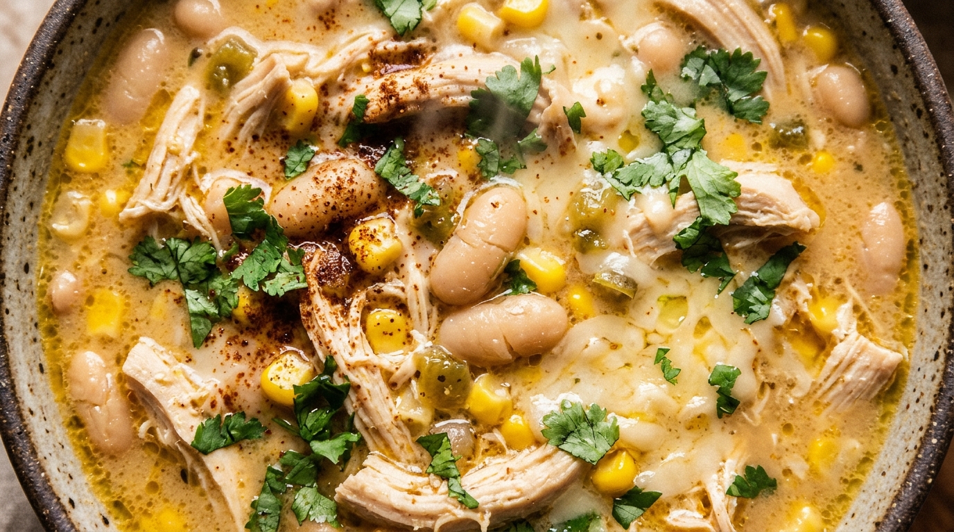 Ultra close-up macro texture of creamy white chicken chili with shredded chicken, white cannellini beans, and melted Monterey Jack cheese