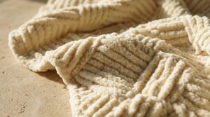 Macro close-up of handcrafted chunky basketweave crochet throw blanket showing raised alternating woven blocks and plush cream yarn texture