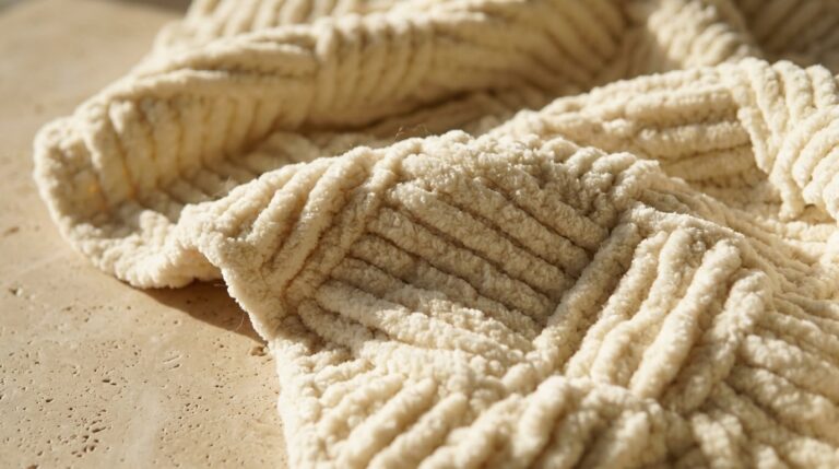 Macro close-up of handcrafted chunky basketweave crochet throw blanket showing raised alternating woven blocks and plush cream yarn texture