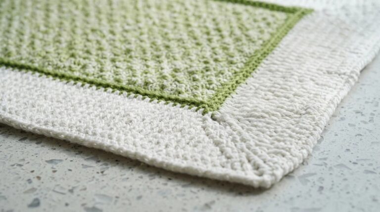 Ultra close-up macro photograph of handcrafted textured cotton crochet bath mat showing raised treble post nubby center and white ribbed border