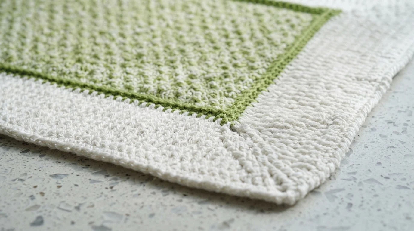 Ultra close-up macro photograph of handcrafted textured cotton crochet bath mat showing raised treble post nubby center and white ribbed border