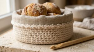 Close-up macro of handmade round crochet bread basket in double-stranded cream cotton with folded unbleached linen liner and warm dinner rolls on travertine workbench