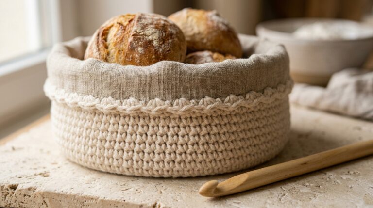 Close-up macro of handmade round crochet bread basket in double-stranded cream cotton with folded unbleached linen liner and warm dinner rolls on travertine workbench