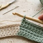 Close-up macro of seamless crochet color change with birch hook drawing muted sage green cotton yarn through cream loops on travertine workbench