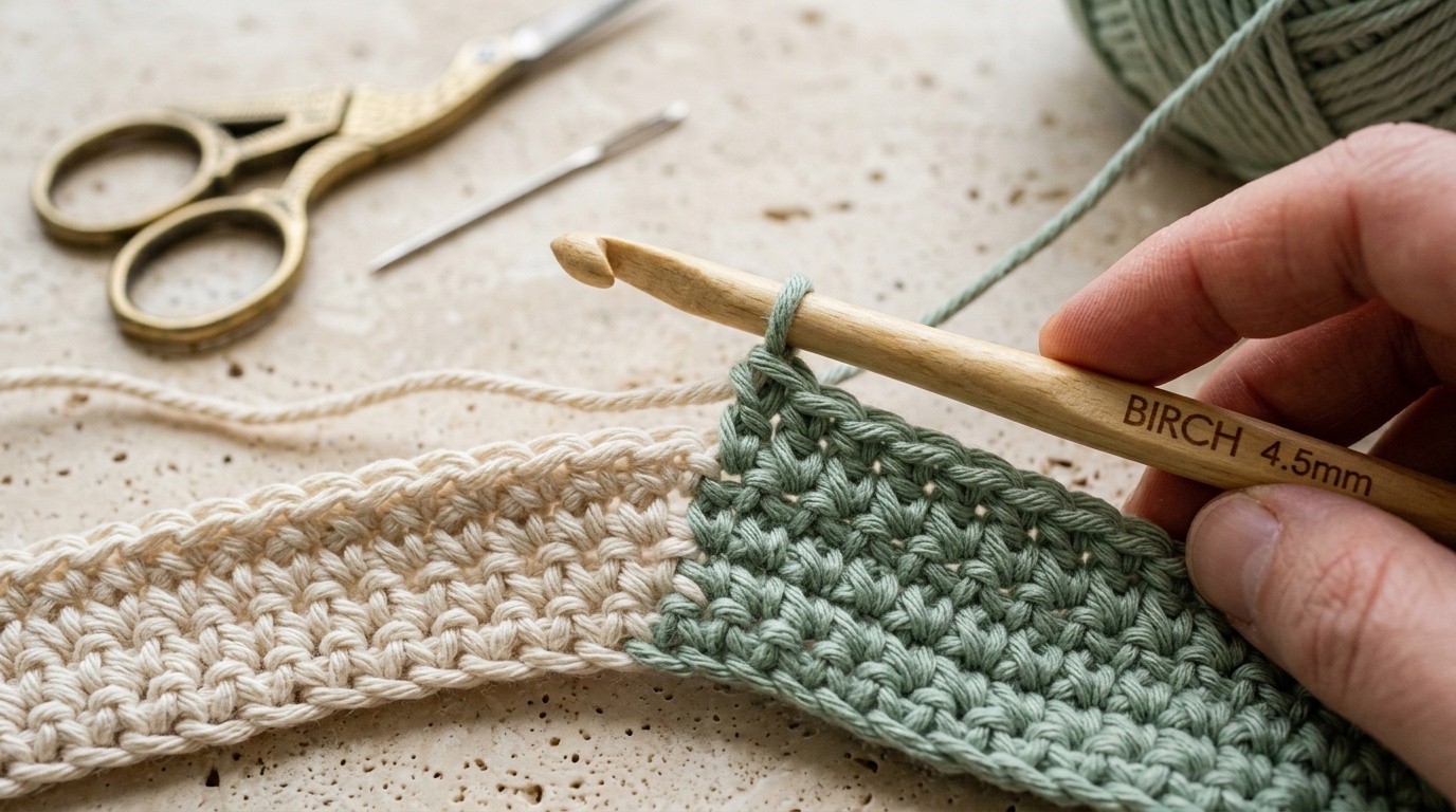 Close-up macro of seamless crochet color change with birch hook drawing muted sage green cotton yarn through cream loops on travertine workbench