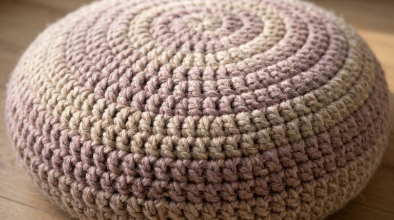 Ultra close-up macro photograph of handcrafted chunky crochet floor pouf ottoman showing thick half double crochet spiral stitch texture