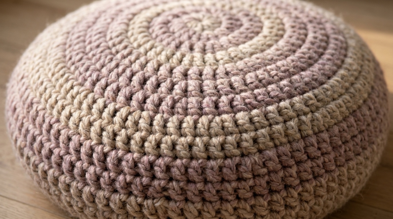 Ultra close-up macro photograph of handcrafted chunky crochet floor pouf ottoman showing thick half double crochet spiral stitch texture