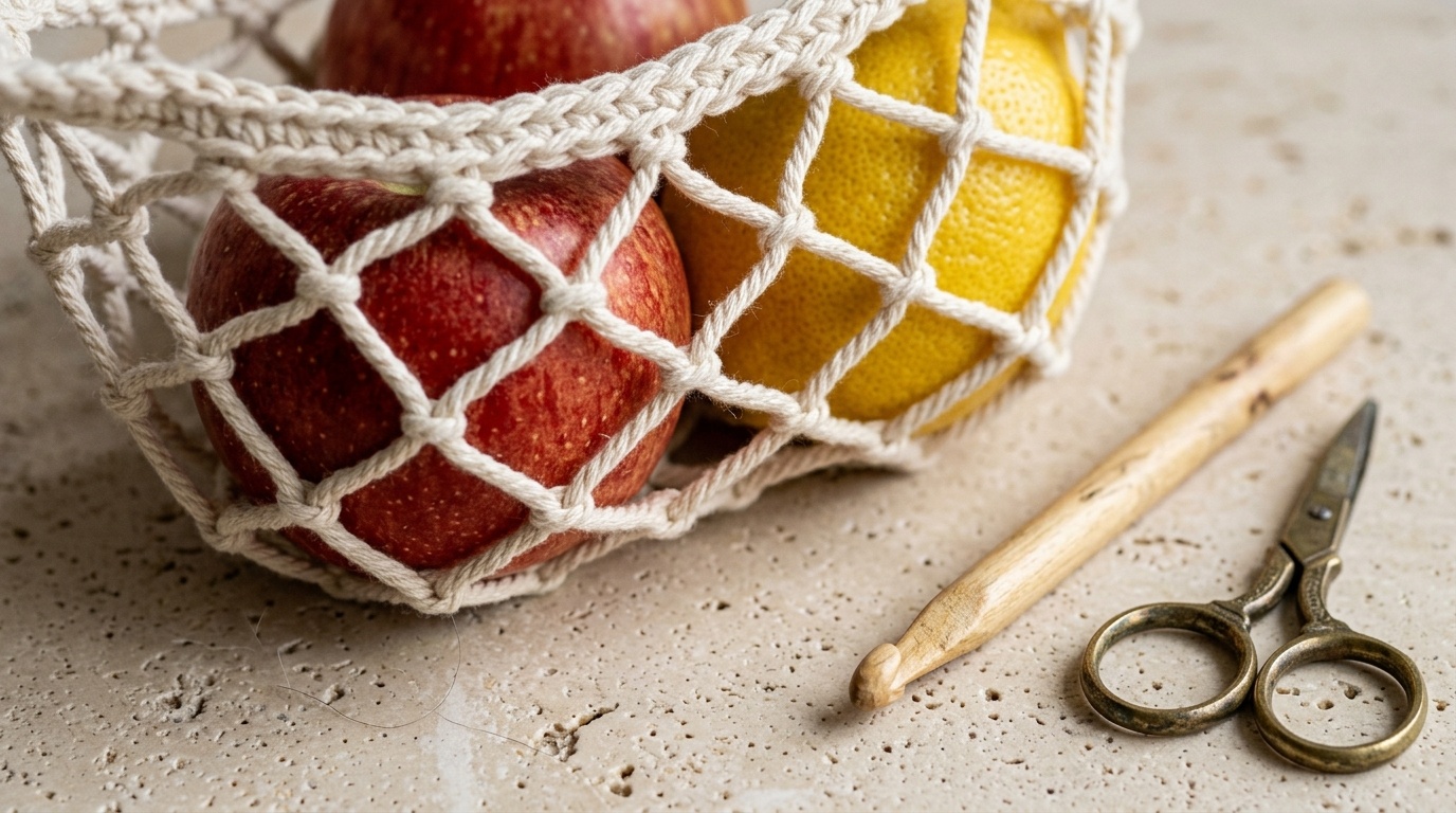 Close-up macro of handmade cream cotton diamond mesh crochet hanging fruit basket cradling red apples and yellow lemon on travertine workbench