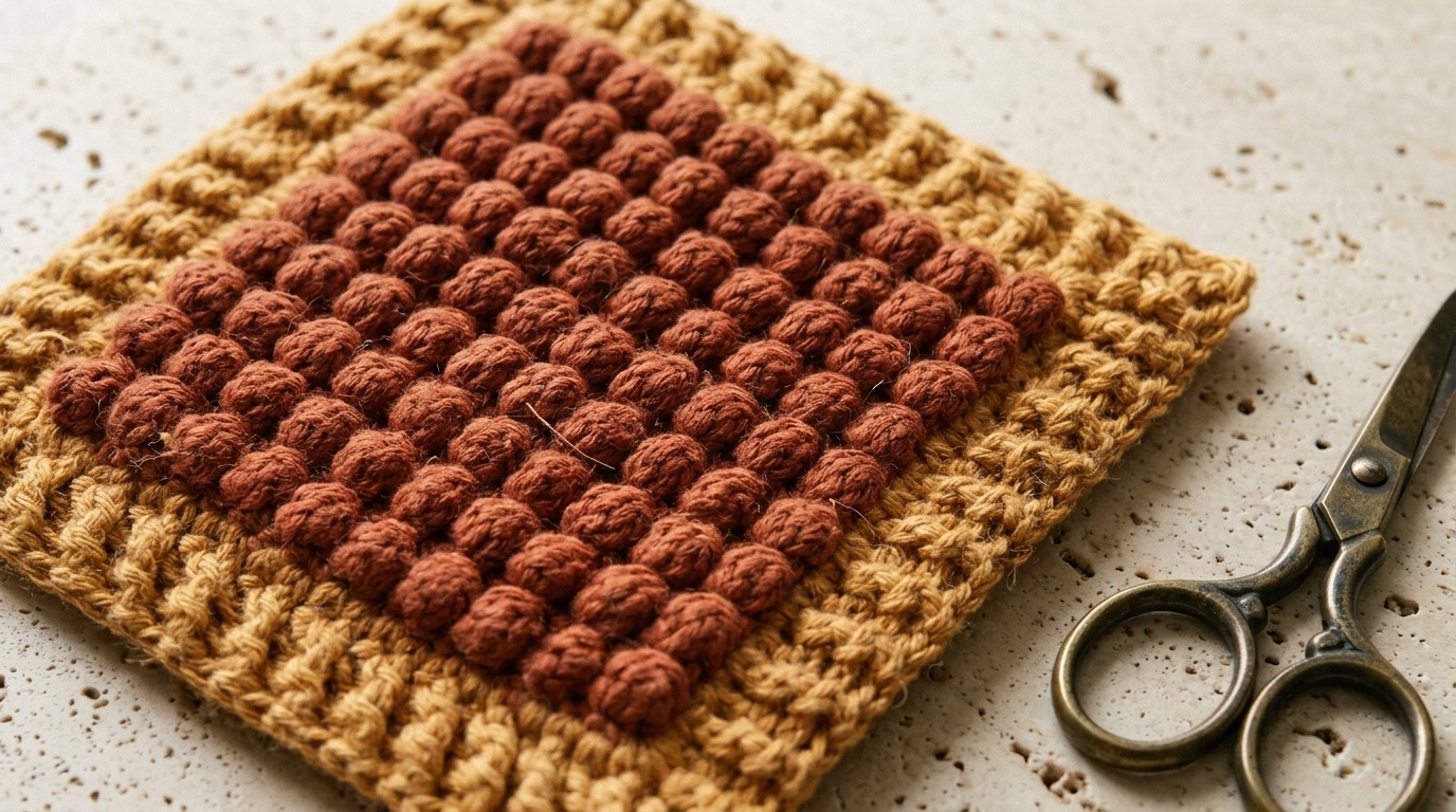 Macro close-up of handmade double-thick textured crochet hot pad showing raised bobble stitches and ribbed border on travertine stone