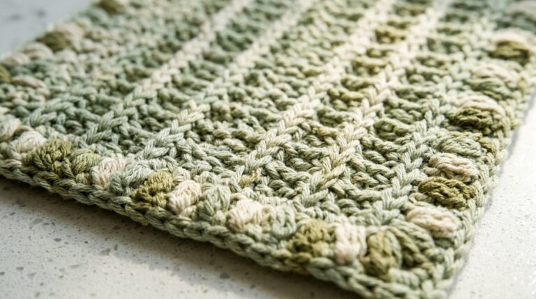Ultra close-up macro photograph of handcrafted textured cotton crochet kitchen towel showing raised vertical ridges and border puff stitches