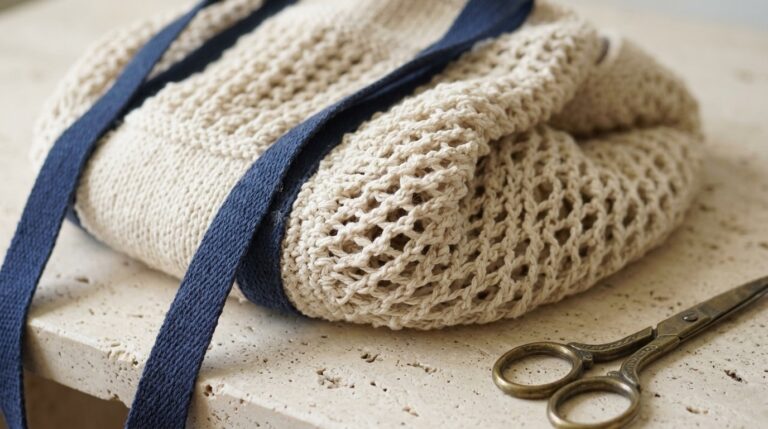 Macro close-up of handmade cotton crochet market tote bag showing interlocking open diamond mesh loops and dense single crochet base on travertine stone