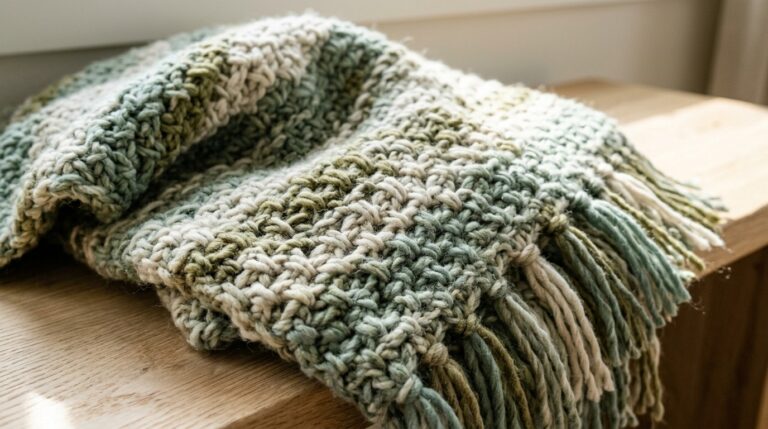 Ultra close-up macro photograph of handcrafted modern moss stitch crochet blanket in soft sage and cream super bulky yarn showing woven linen stitch texture