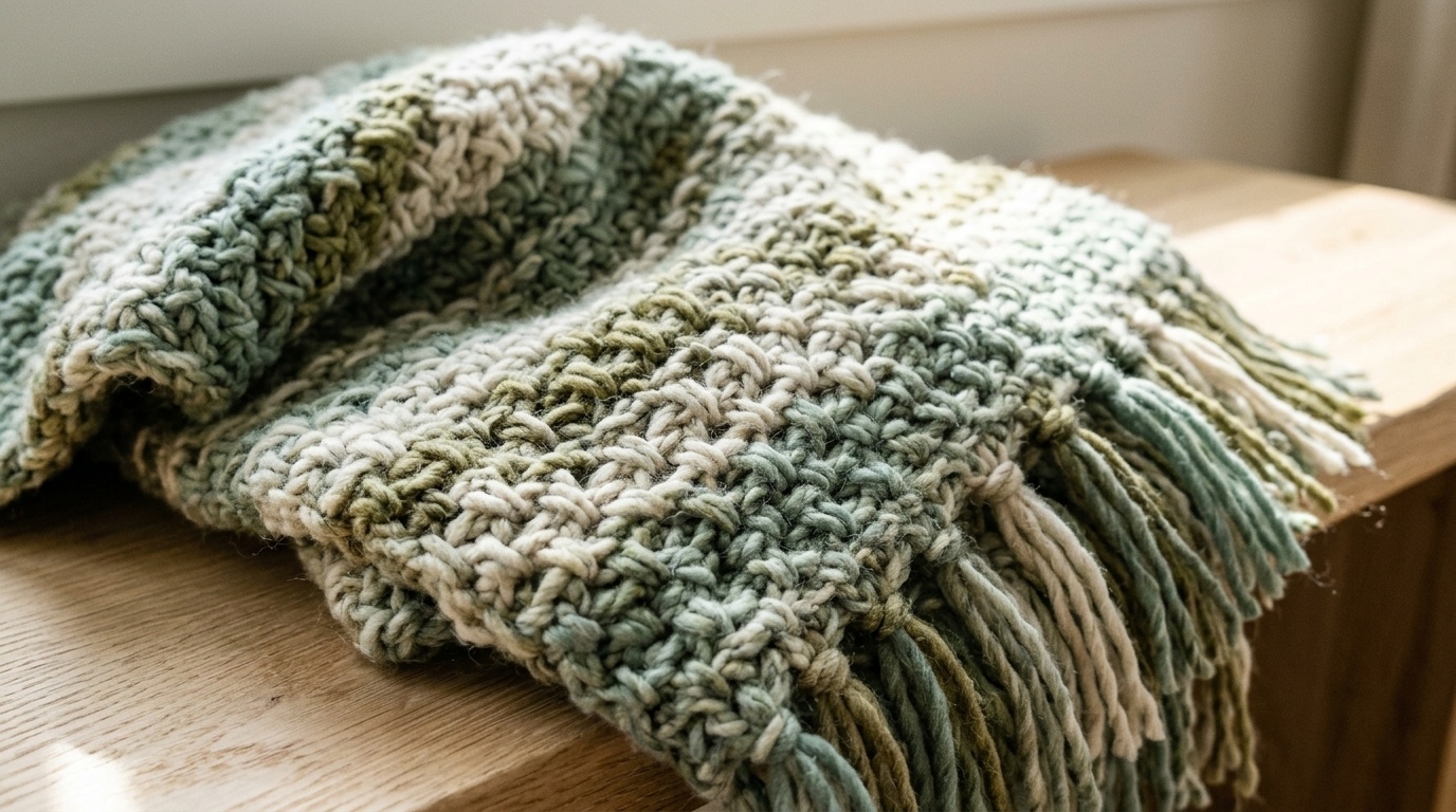 Ultra close-up macro photograph of handcrafted modern moss stitch crochet blanket in soft sage and cream super bulky yarn showing woven linen stitch texture