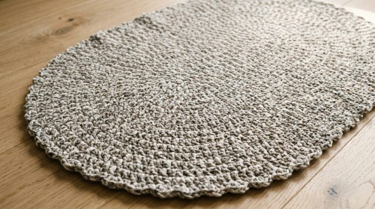 Handcrafted modern oval crochet floor rug in heathered stone grey cotton tube yarn resting on a natural white oak floor