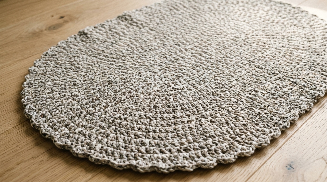 Handcrafted modern oval crochet floor rug in heathered stone grey cotton tube yarn resting on a natural white oak floor