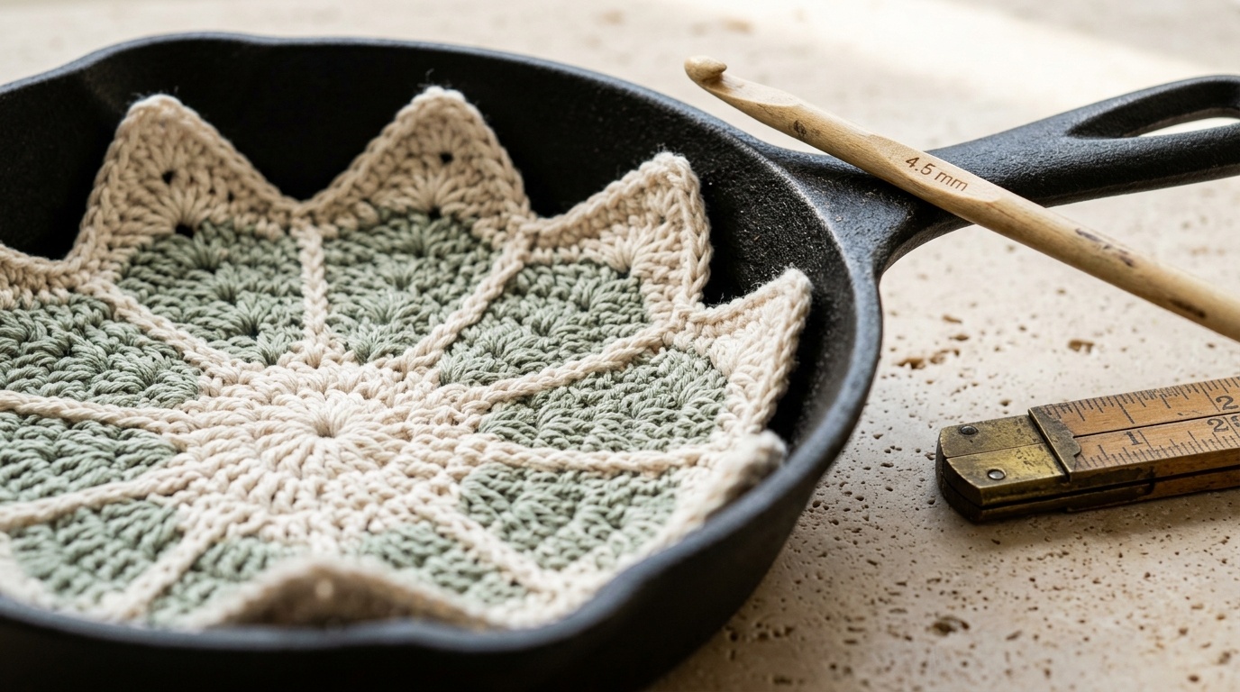Close-up macro of handmade cream and sage starburst crochet pan protector resting inside a matte black seasoned cast iron skillet on travertine workbench
