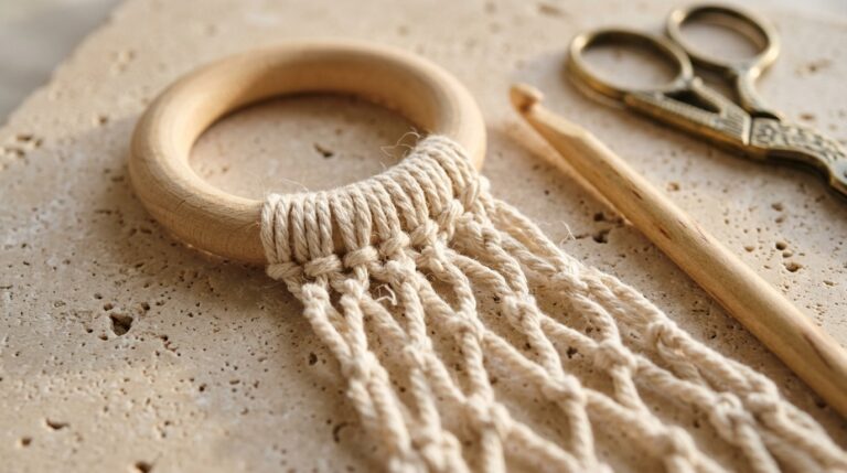 Close-up macro of crochet plant hammock beechwood ring wrapped with unbleached cotton cord and diamond mesh lattice on travertine workbench