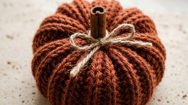 Macro close-up of handmade terracotta ribbed crochet pumpkin with cinnamon stick stem and jute bow on travertine stone