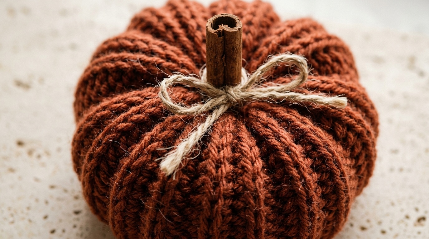 Macro close-up of handmade terracotta ribbed crochet pumpkin with cinnamon stick stem and jute bow on travertine stone