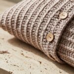 Macro close-up of handcrafted buttoned ribbed crochet pillow cover with raised knit-look ridges and natural wooden buttons