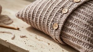 Macro close-up of handcrafted buttoned ribbed crochet pillow cover with raised knit-look ridges and natural wooden buttons
