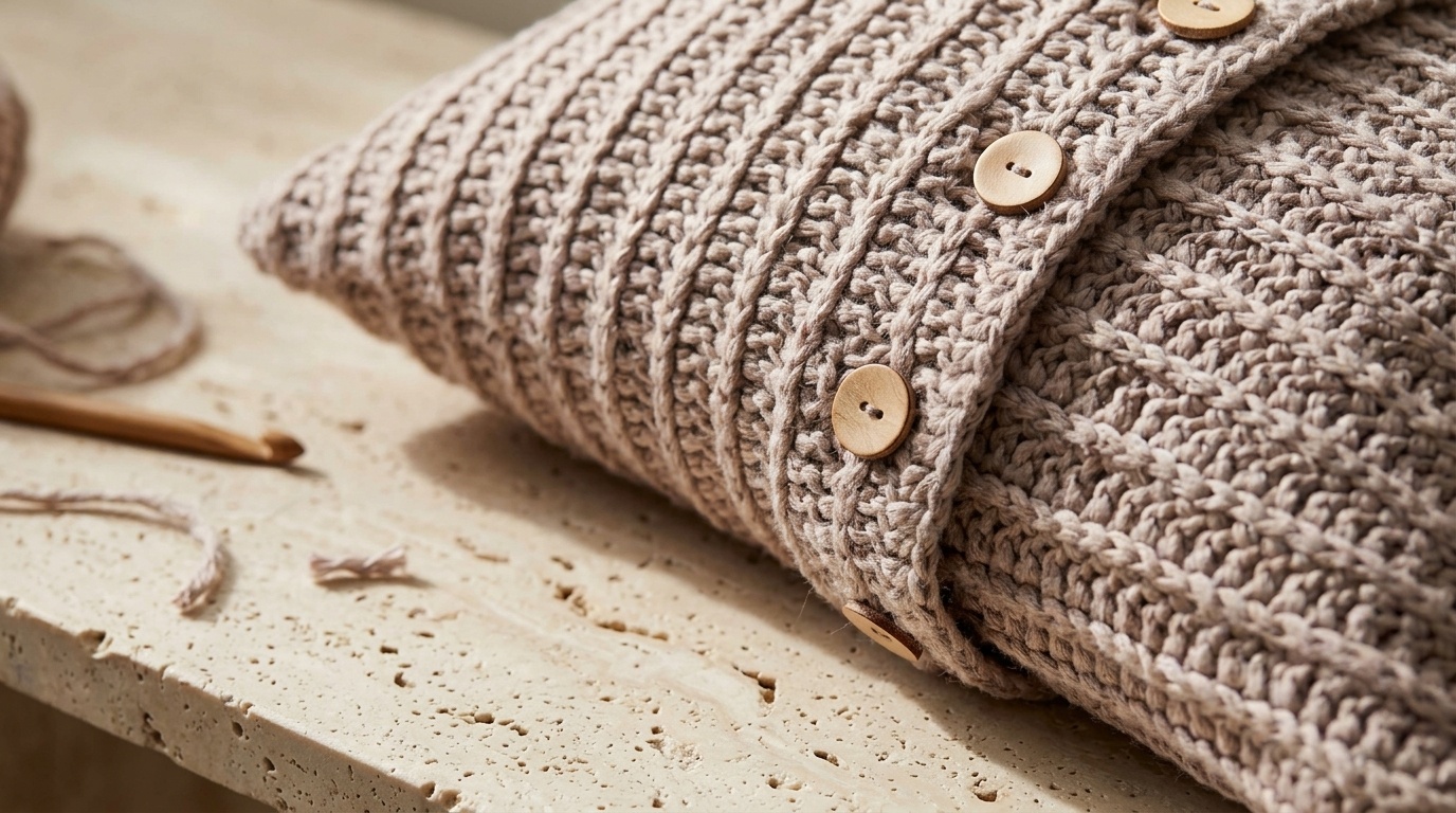 Close-up macro of handcrafted buttoned ribbed crochet pillow cover showing raised knit-look ridges and natural wooden buttons