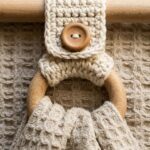 Ultra close-up macro texture of handmade crochet ring towel holder with unmercerized ecru cotton strap, wooden ring, and waffle weave towel