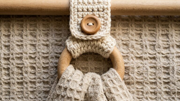 Ultra close-up macro texture of handmade crochet ring towel holder with unmercerized ecru cotton strap, wooden ring, and waffle weave towel
