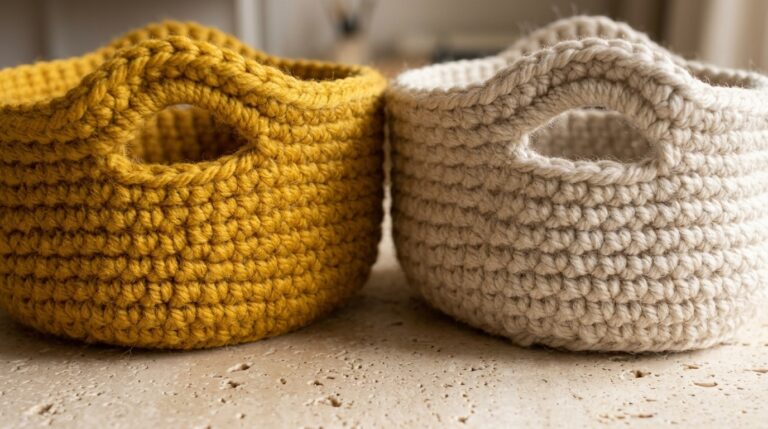 Macro close-up of handcrafted chunky round crochet basket with integrated cutout handle in mustard gold and natural oatmeal yarn