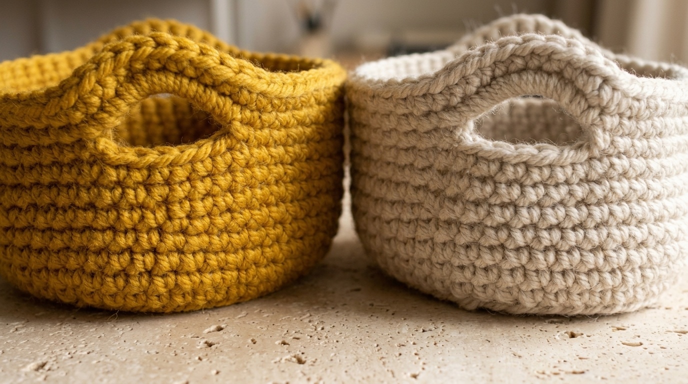 Close-up macro of handcrafted chunky round crochet basket with integrated cutout handle in mustard gold and natural oatmeal yarn